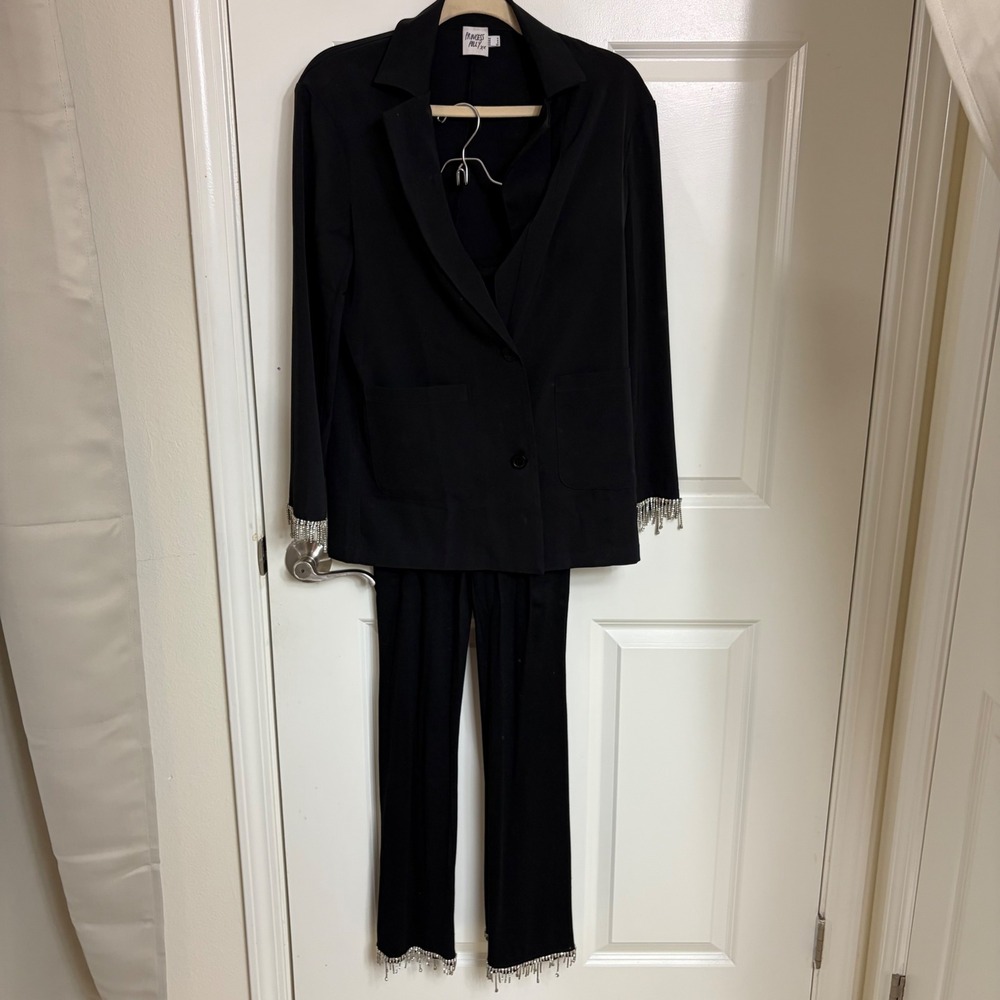 Princess Polly Womens Black Rhinestone Fringe Blazer and Pant Suit Set Size 0